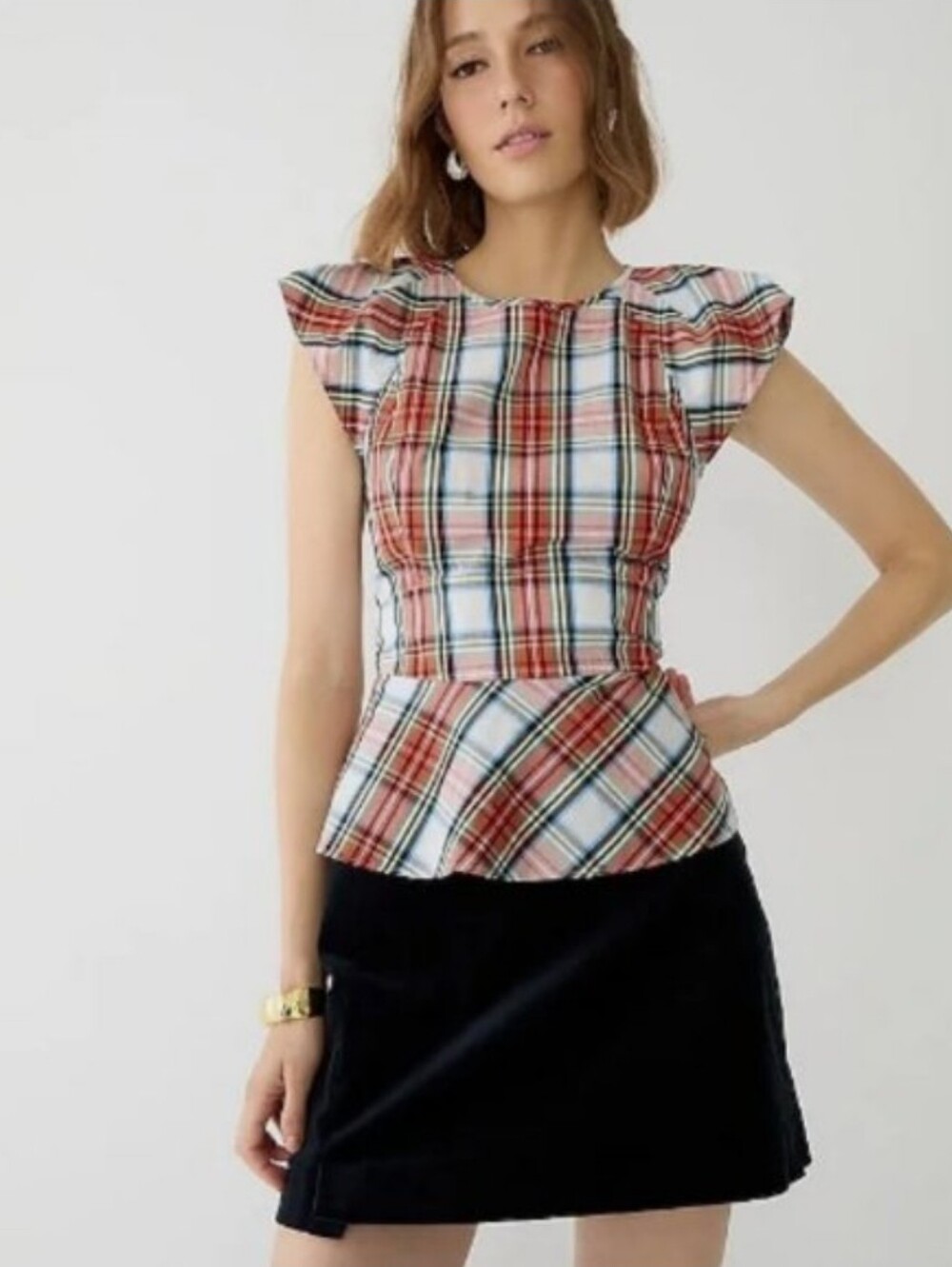 J. Crew Cap Sleeve Peplum Top In Snowy Tartan Plaid Size 8